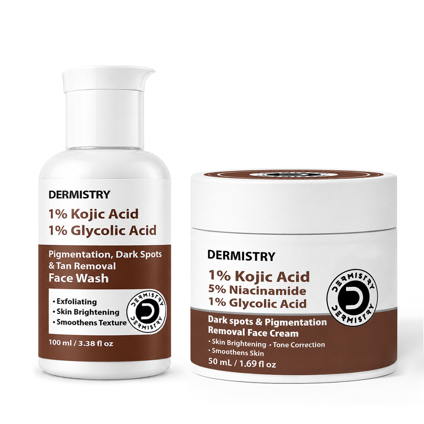 Dermistry skincare set featuring a 1% Kojic Acid Face Wash bottle and a 5% Niacinamide Dark Spots & Pigmentation Removal Face Cream jar, both in white packaging with brown labels, on a white background.