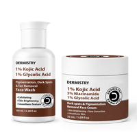 Dermistry skincare set featuring a 1% Kojic Acid Face Wash bottle and a 5% Niacinamide Dark Spots & Pigmentation Removal Face Cream jar, both in white packaging with brown labels, on a white background.