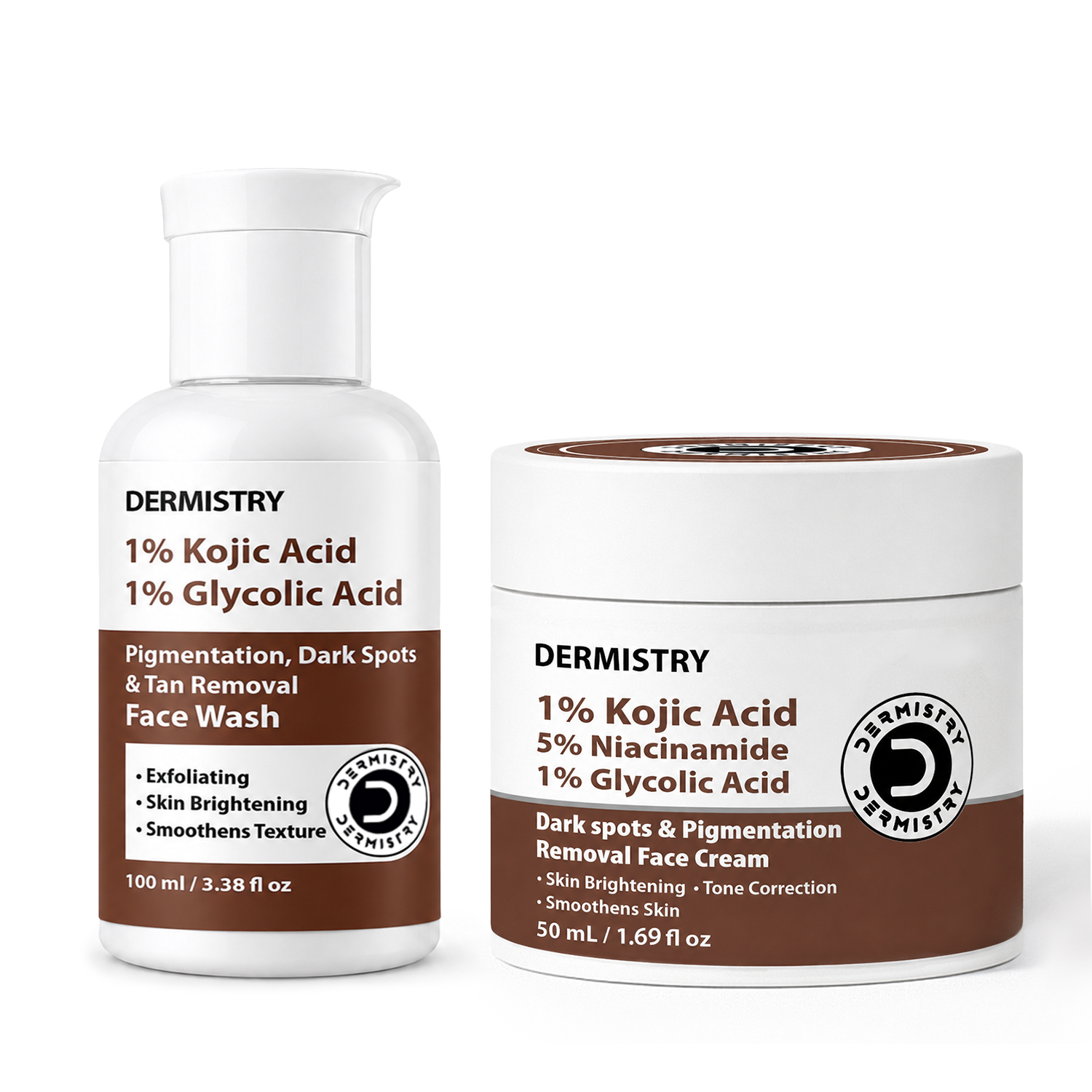 Dermistry skincare set featuring a 1% Kojic Acid Face Wash bottle and a 5% Niacinamide Dark Spots & Pigmentation Removal Face Cream jar, both in white packaging with brown labels, on a white background.