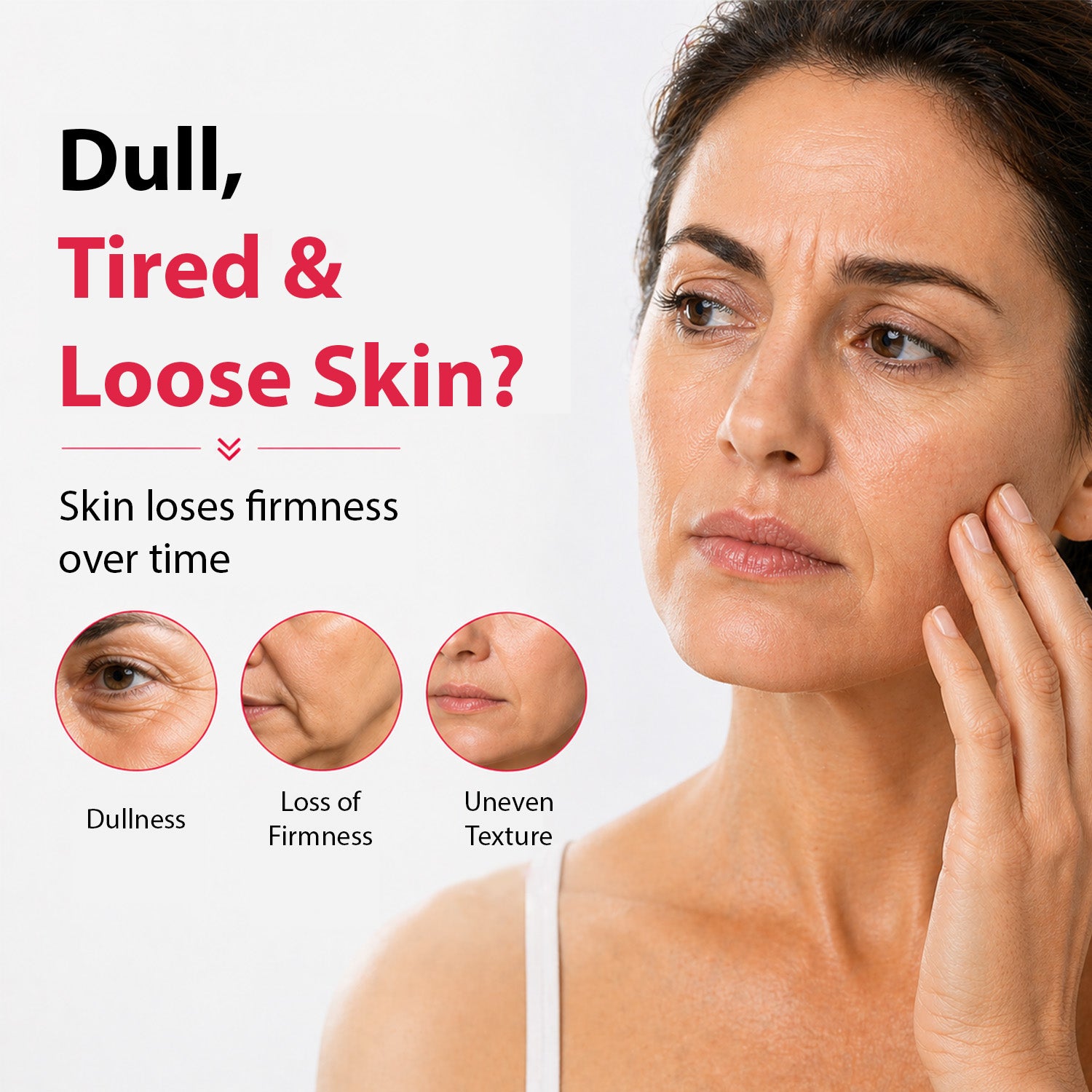 A woman touching her cheek appears beside marketing text about dull, tired, and loose skin, with three circular close-up skin detail insets on a light background.