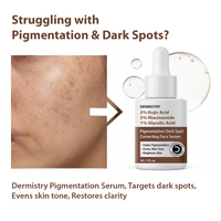 A skincare product listing graphic for Dermistry Pigmentation Dark Spot Correcting Face Serum. The image features a white dropper bottle with brown text, alongside a before-and-after skin texture comparison, a brown arrow, and text describing the serum's benefits.
