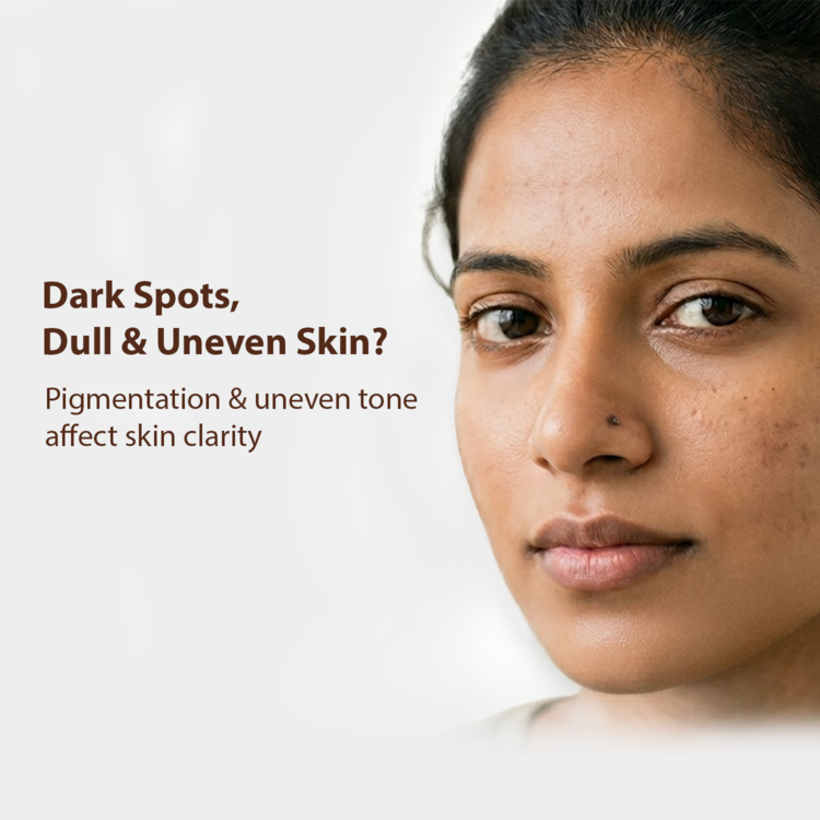 Close-up of a woman's face with text on a light background reading, 'Dark Spots, Dull & Uneven Skin? Pigmentation & uneven tone affect skin clarity.'.