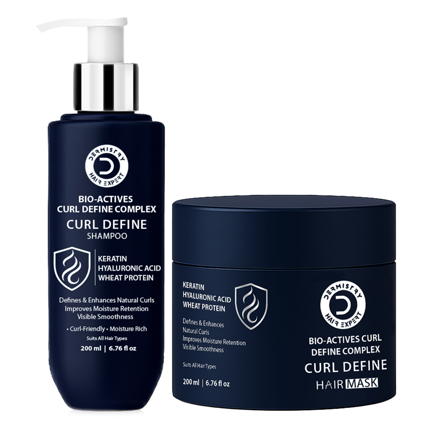 Shampoo bottle and hair mask jar with 'Curl Define' text on a white background