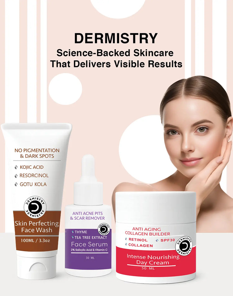 Three Dermistry skincare products are displayed against a light pink and white striped background with a model on the right. The products include Skin Perfecting Face Wash, Anti Acne Pits & Scar Remover Face Serum, and Intense Nourishing Day Cream.