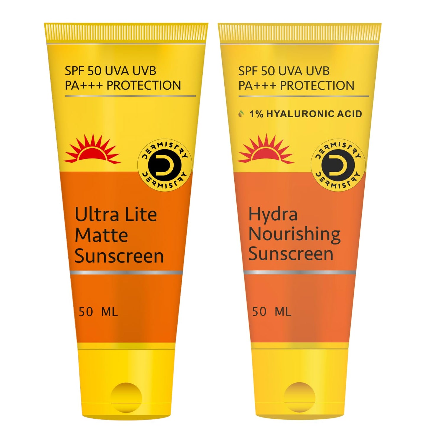 Two squeeze tubes of Damisity Ultra Lite Matte Sunscreen and Damisity Hydra Nourishing Sunscreen side by side on a white background.