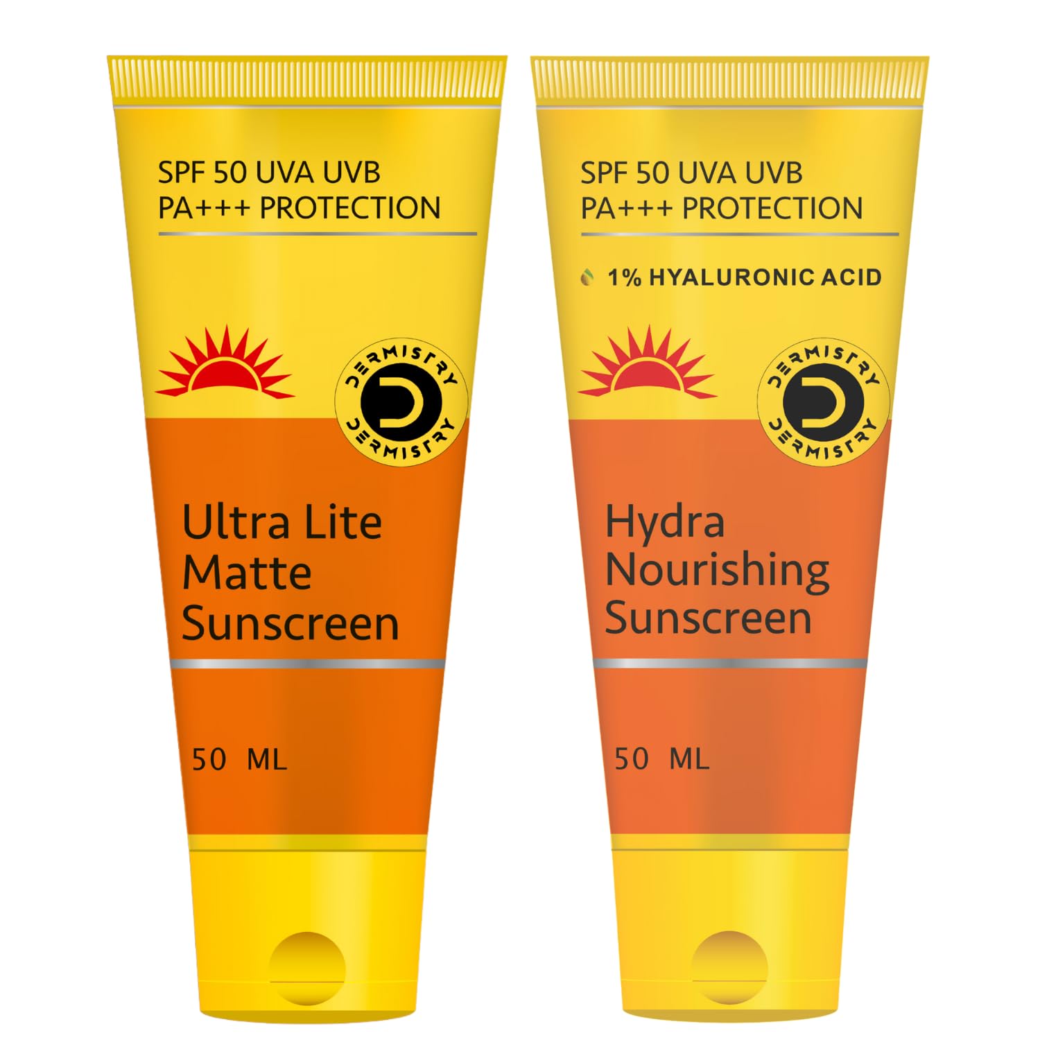 Two squeeze tubes of Damisity Ultra Lite Matte Sunscreen and Damisity Hydra Nourishing Sunscreen side by side on a white background.