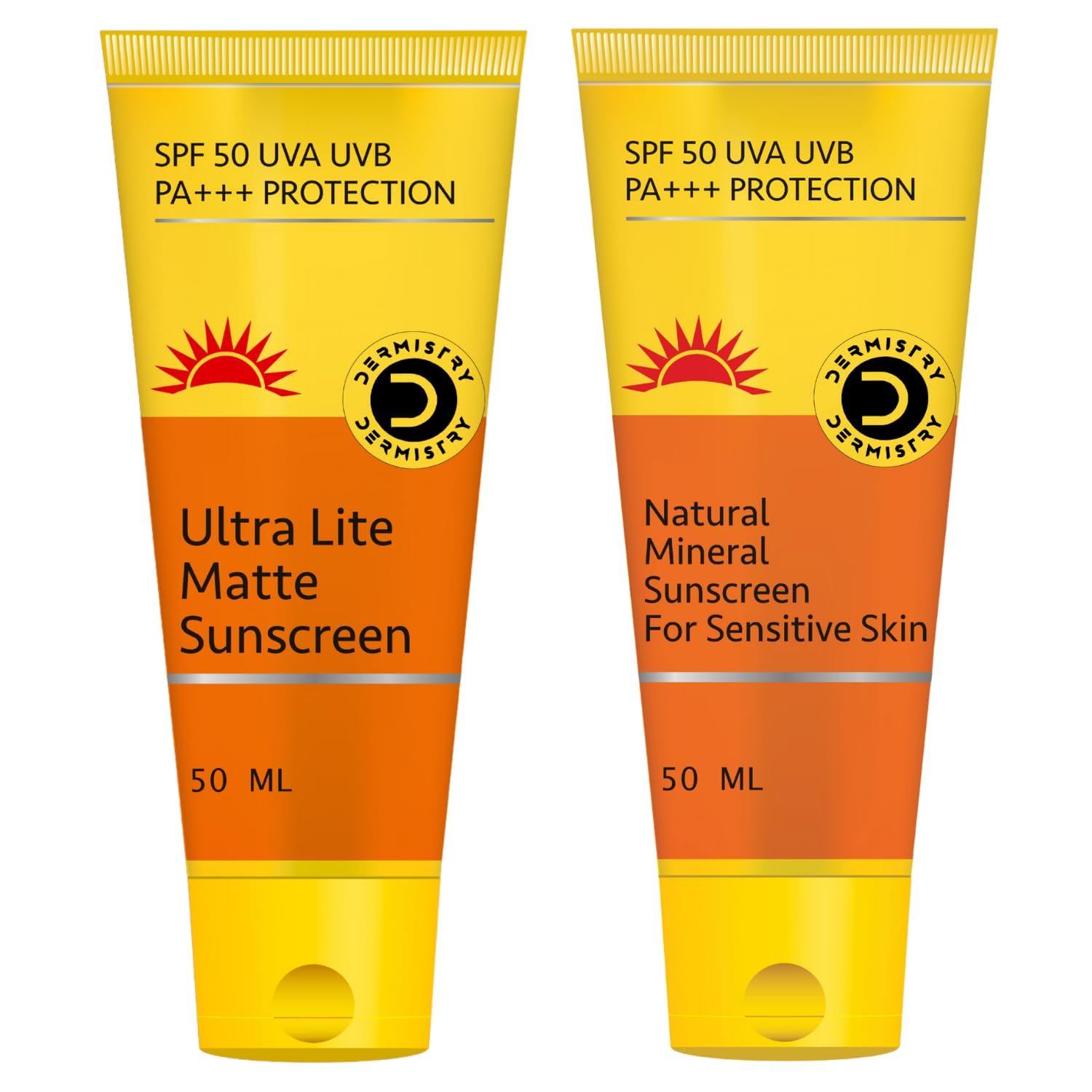 Two squeeze tubes of Dermisfy Demistify sunscreen shown side by side on a plain white background. The left tube is labeled 'Ultra Lite Matte Sunscreen' and the right tube is labeled 'Natural Mineral Sunscreen For Sensitive Skin'.