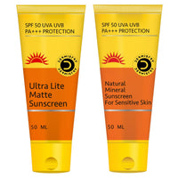 Two squeeze tubes of Dermisfy Demistify sunscreen shown side by side on a plain white background. The left tube is labeled 'Ultra Lite Matte Sunscreen' and the right tube is labeled 'Natural Mineral Sunscreen For Sensitive Skin'.