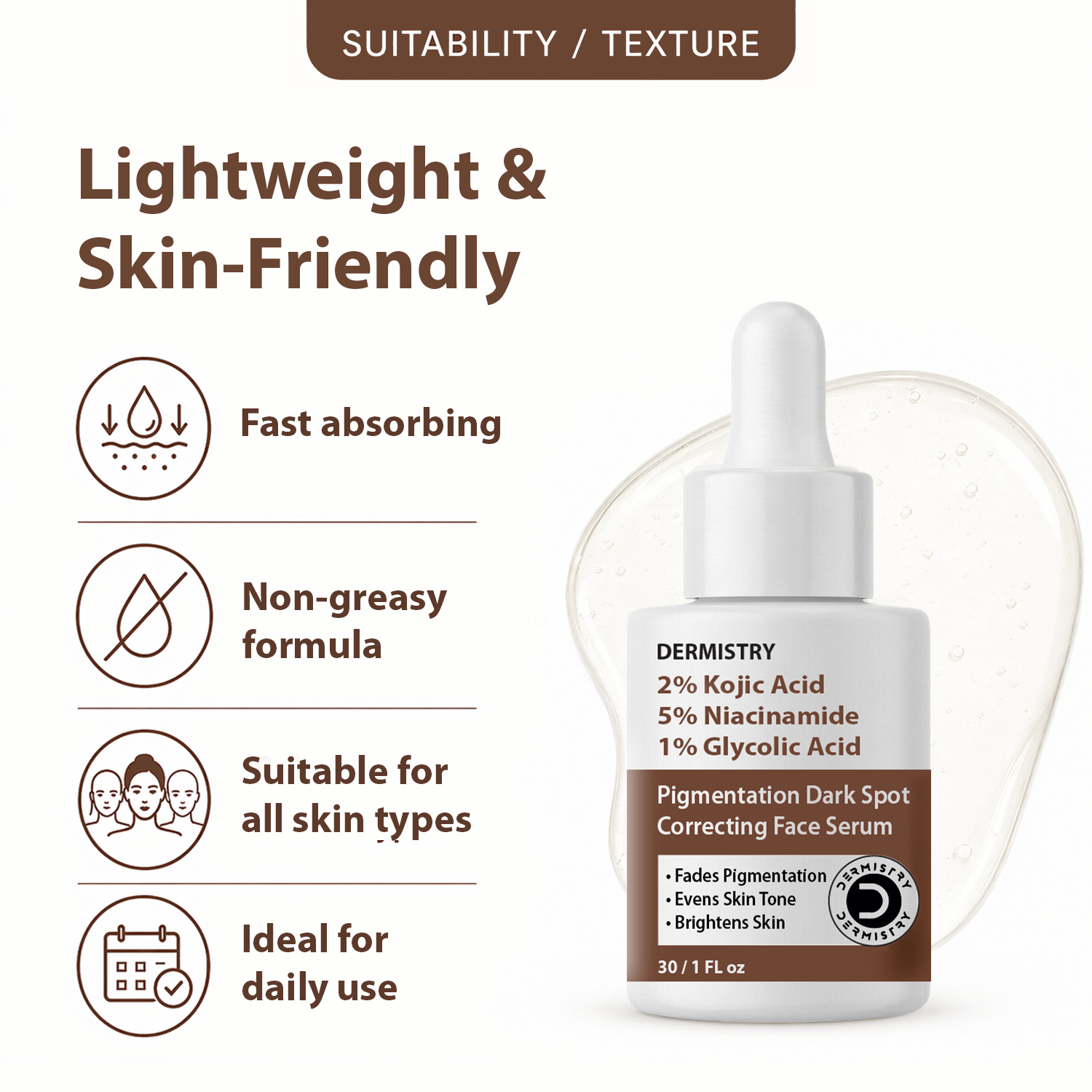 Dermistry Pigmentation Dark Spot Correcting Face Serum bottle shown on a clean white background with marketing text and icons highlighting lightweight, skin-friendly texture and benefits.