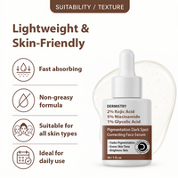 Dermistry Pigmentation Dark Spot Correcting Face Serum bottle shown on a clean white background with marketing text and icons highlighting lightweight, skin-friendly texture and benefits.