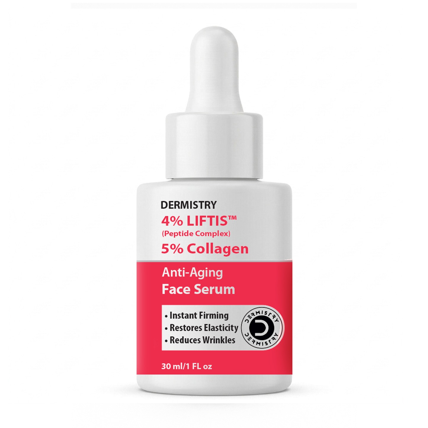 Dermistry 4% Liftis 5% Collagen Anti-Aging Face Serum in a white dropper bottle with a red label, shown on a clean white background.