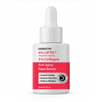 Dermistry 4% Liftis 5% Collagen Anti-Aging Face Serum in a white dropper bottle with a red label, shown on a clean white background.