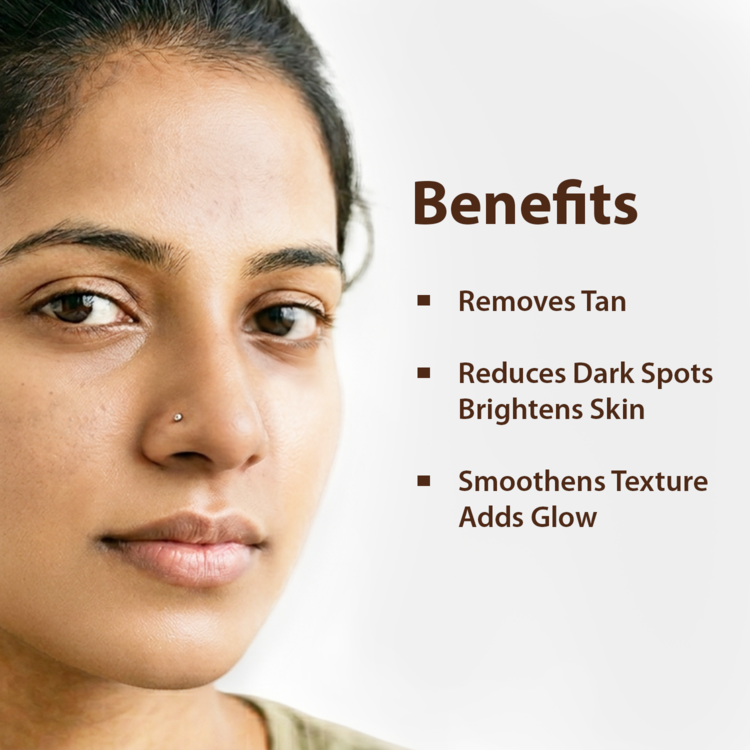 Close-up of a woman's face with text listing skincare benefits: Removes Tan, Reduces Dark Spots Brightens Skin, and Smooths Texture Adds Glow.