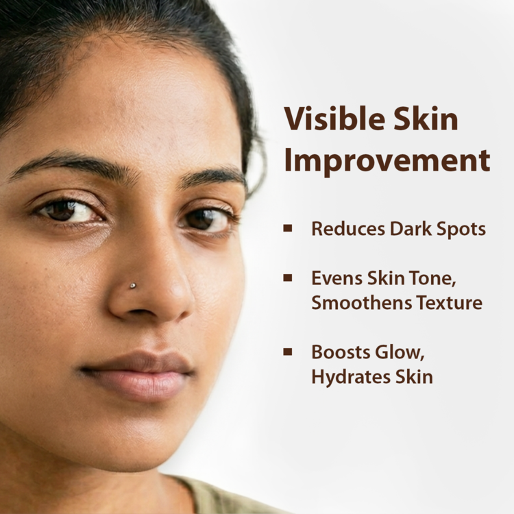 Close-up of a woman's face with text on the right reading 'Visible Skin Improvement' and bullet points about reducing dark spots, even skin tone, smoothing texture, and boosting glow and hydration.