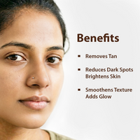 Close-up of a woman's face with text listing skincare benefits: Removes Tan, Reduces Dark Spots Brightens Skin, and Smooths Texture Adds Glow.