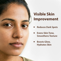 Close-up of a woman's face with text on the right reading 'Visible Skin Improvement' and bullet points about reducing dark spots, even skin tone, smoothing texture, and boosting glow and hydration.