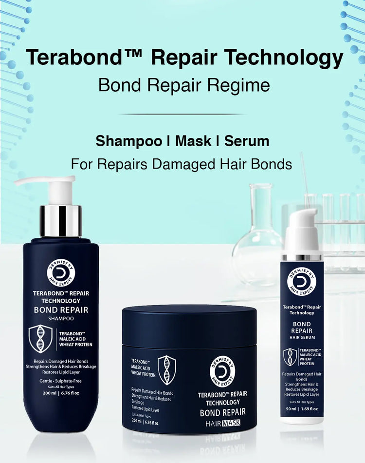 Terabond Repair Technology hair bond repair kit including shampoo, mask, and serum in dark navy blue bottles and jars with white and silver labels, set against a light blue and white background with product text at the top.