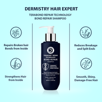 A bottle of Terabond Repair Technology Bond Repair Shampoo centered on a light aqua background, with marketing text and icons around it describing hair repair benefits.