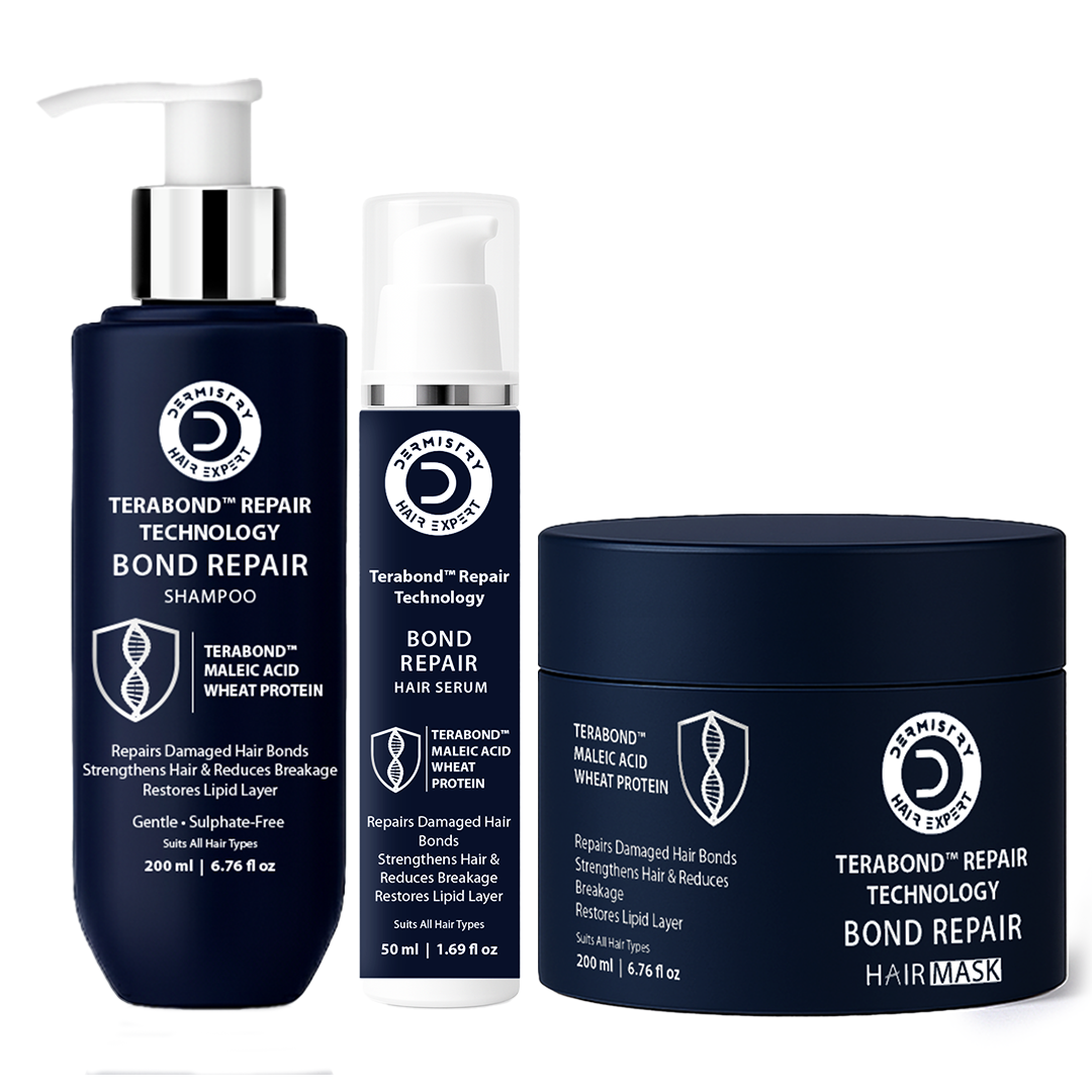 Terabond Repair Technology Bond Repair hair care set including a navy blue pump bottle of shampoo, a matching spray bottle, and a navy blue jar of hair mask on a white background.