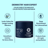 Dermistry Hair Expert shampoo jar with features listed on a light blue background
