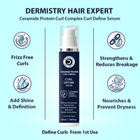 Dermistry Hair Expert serum bottle with benefits listed on a light blue background