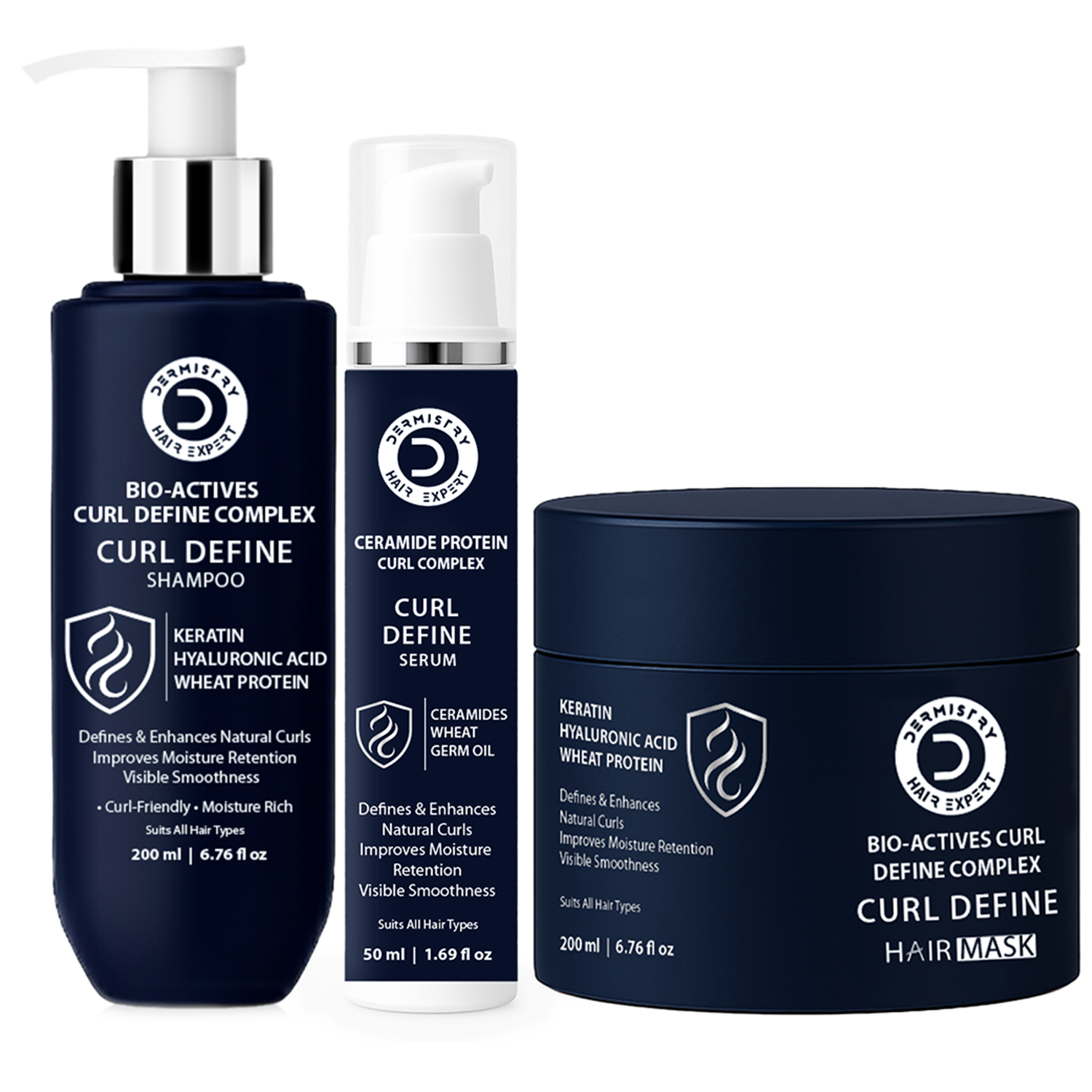 Three Derivatives CCA Root System Hair Fall Control products on a white background: a large navy shampoo bottle with a white pump, a smaller serum bottle with a clear cap, and a navy hair mask jar.