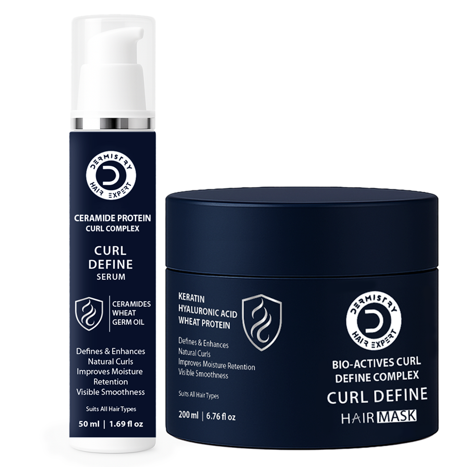 Premier Desir Hair Mask Curl Define Complex jar in navy blue next to Premier Desir Hair Expert Curl Complex Serum bottle in white and navy blue, on a white background.