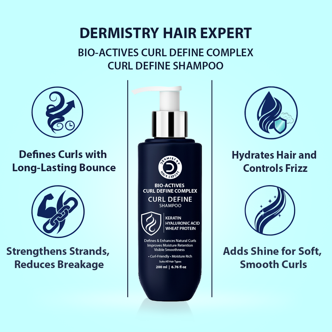 Dermistry Hair Expert Curl Define Shampoo bottle with features on a light blue background