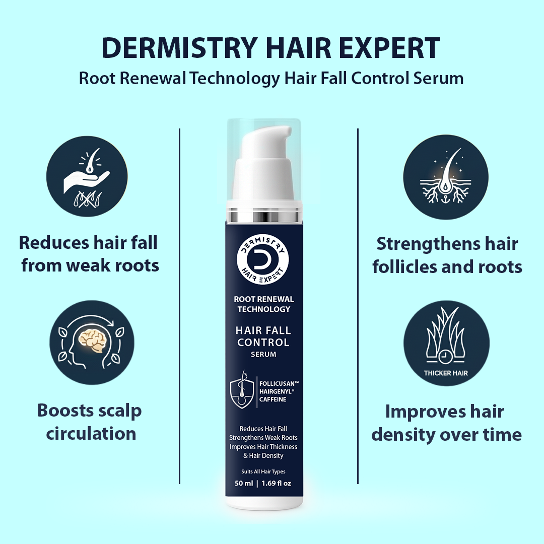 Dermistry Hair Expert serum bottle with benefits listed on a light blue background