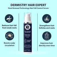 Dermistry Hair Expert serum bottle with benefits listed on a light blue background