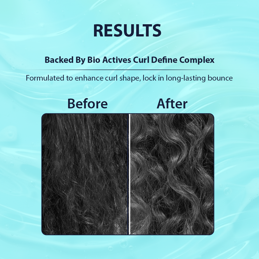 Before and after comparison of hair curls with text about Bio Actives Curl Define Complex on a blue background.