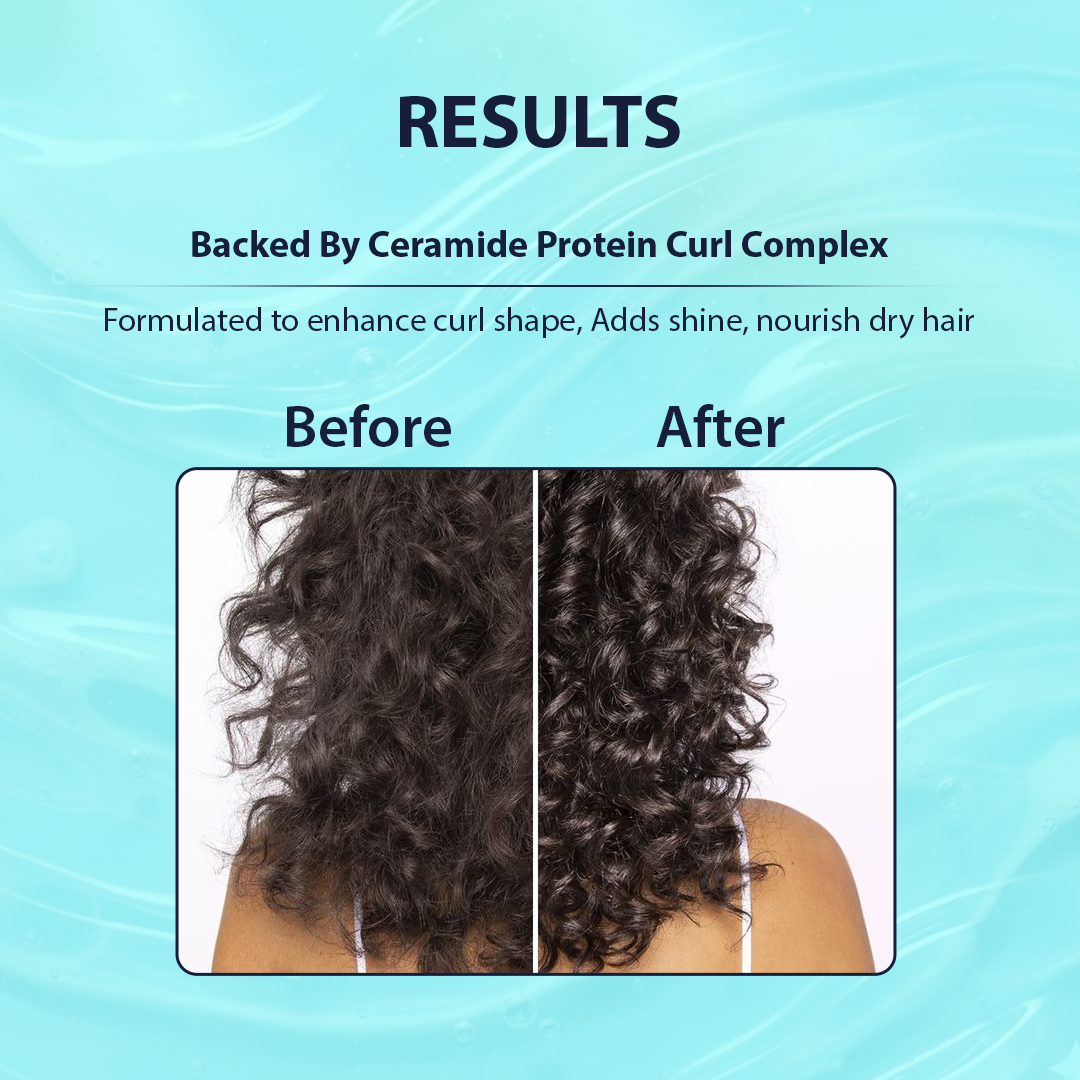 Before and after comparison of hair with a protein curl complex on a blue background