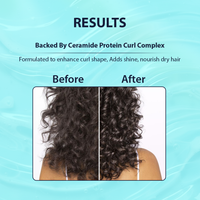 Before and after comparison of hair with a protein curl complex on a blue background