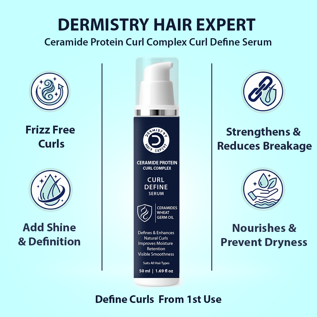 Dermistry Hair Expert serum bottle with benefits listed on a light blue background
