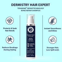 A bottle of Dermistry Bond Repair Hair Serum centered on a light aqua background with marketing text and feature icons around it. The product is a cylindrical pump bottle with a dark navy label, white pump, and clear cap.