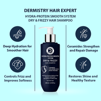 Dermistry Hair Expert shampoo bottle with features on a light blue background