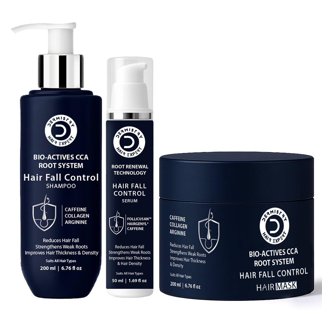 Three Derivatives CCA Root System Hair Fall Control products on a white background: a large navy shampoo bottle with a white pump, a smaller serum bottle with a clear cap, and a navy hair mask jar.