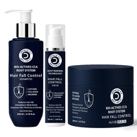 Three Derivatives CCA Root System Hair Fall Control products on a white background: a large navy shampoo bottle with a white pump, a smaller serum bottle with a clear cap, and a navy hair mask jar.