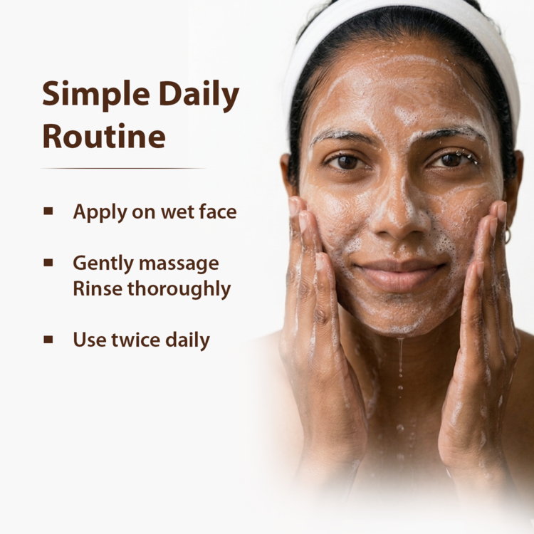 A woman with a white headband applies and massages a foaming skincare cleanser or mask onto her face, with text on the left reading 'Simple Daily Routine' and bullet points about applying, rinsing, and using twice daily.