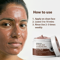 A skincare product listing showing a woman with a tan face mask on her face, alongside a jar labeled 'DERMISTRY 1% Kojic Acid 1% Glycolic Acid Instant Tan Removal Face Pack' and a 'How to use' instruction list.