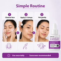 A skincare routine infographic titled 'Simple Routine' showing three steps: cleanse face, apply 2-3 drops of serum, and pat gently. The right side shows a white and purple bottle of Dermistry 2% Salicylic Acid 5% Niacinamide Face Serum on a light lavender background.
