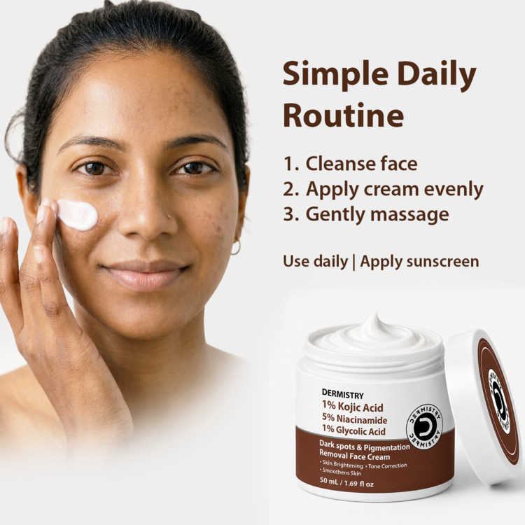 A woman applies a white cream to her cheek against a light background, with text reading 'Simple Daily Routine' and a jar of Dermystry 1% Kojic Acid 5% Niacinamide 1% Glycemic Acid Dark Spots & Pigmentation Resolved Face Cream shown at the bottom right.