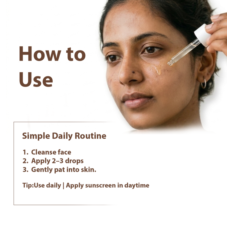 Instructional graphic titled 'How to Use' showing a woman applying a facial dropper serum to her cheek, with text outlining a simple daily skincare routine.