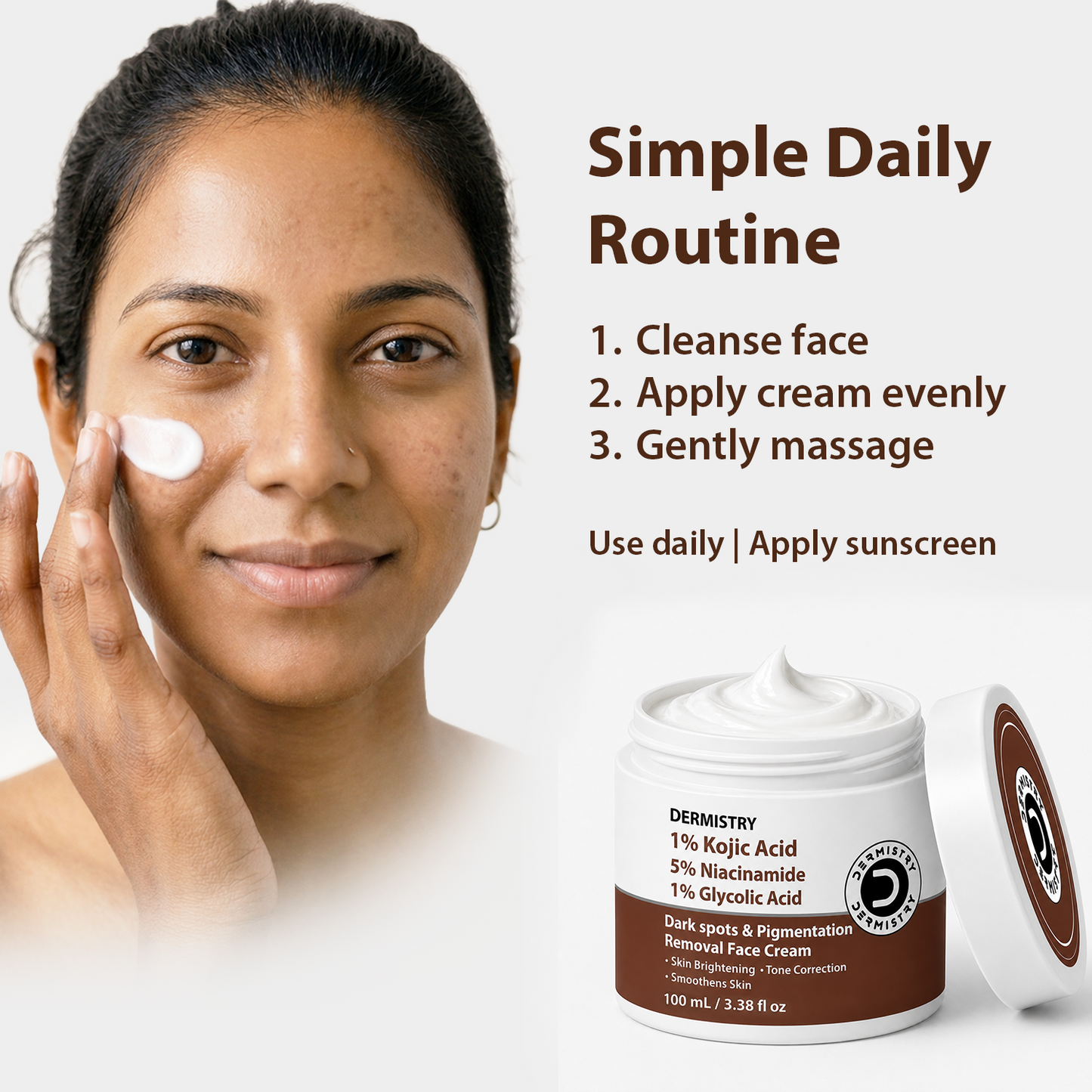 A woman applies a white cream to her cheek against a light background, with text reading 'Simple Daily Routine' and product details for a Dermystry face cream jar shown at the bottom right.