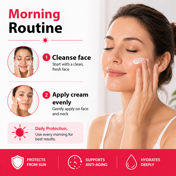A promotional skincare graphic titled 'Morning Routine' showing a woman applying cream to her face. The left side lists steps: cleanse face and apply cream evenly, with a note about daily protection.