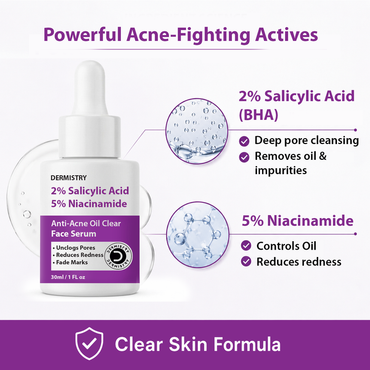 Dermistry 2% Salicylic Acid and 5% Niacinamide Anti-Acne Oil Clear Face Serum bottle shown on a white background with purple text callouts about its ingredients and benefits.