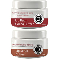 Two white cosmetic jars stacked vertically on a white background. The top jar is labeled 'Lip Balm Cocoa Butter' by Desmistry Dermistry, and the bottom jar is labeled 'Lip Scrub Coffee'.