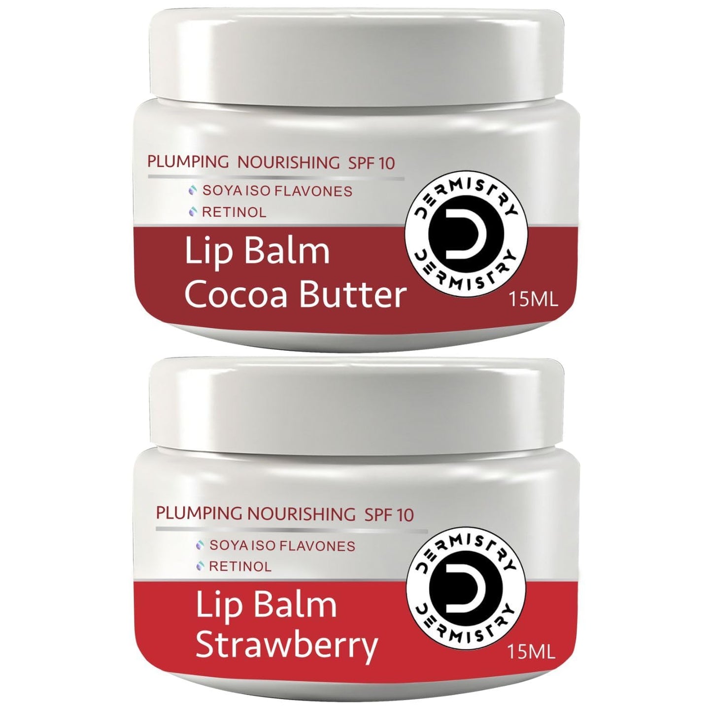 Two white jars of Dermistry Lip Balm stacked vertically on a white background. The top jar is Cocoa Butter flavor, and the bottom jar is Strawberry flavor, both with red labels and white lids.