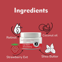 Ingredients graphic for a lip balm jar on a red background, with the word 'Ingredients' at the top and labeled icons and text for Retinol, Coconut oil, Strawberry Ext, and Shea Butter surrounding the jar.