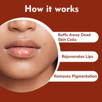 Lip care product advertisement with a close-up of lips and text on a brown background
